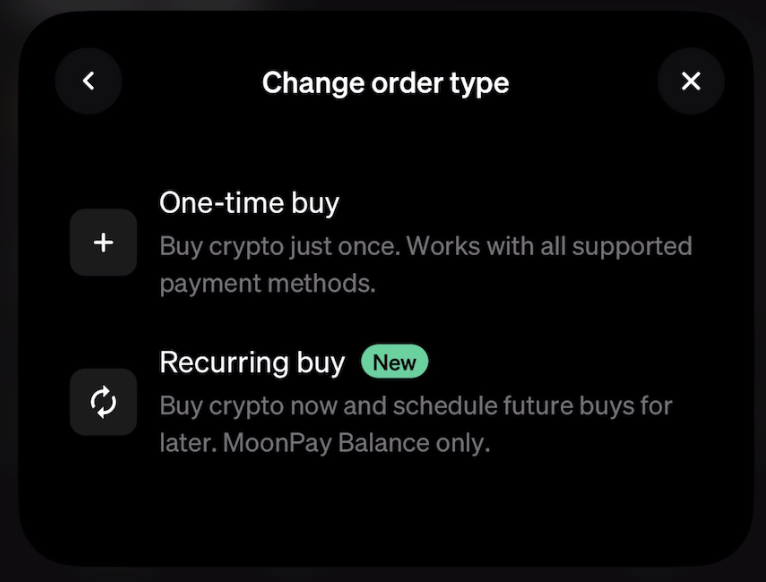 A screenshot of the MoonPay app to change order type.